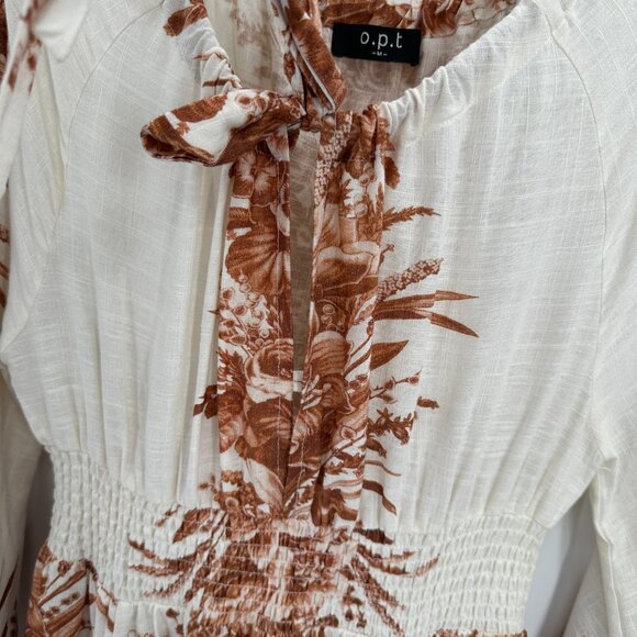 OPT Long Sleeve Linen Blend Midi Dress Ivory/Brown Floral Print size M Medium - Picture 3 of 9
